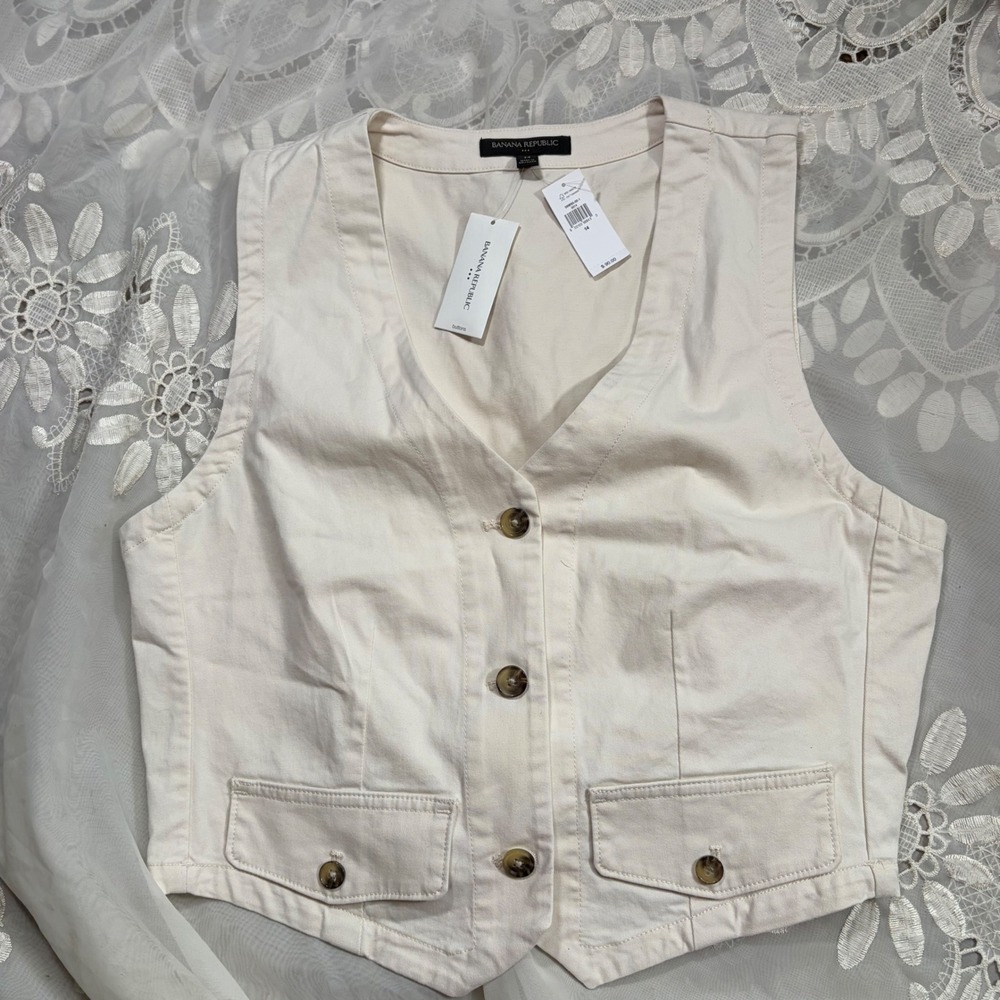 Banana Republic Women Cream Twill Tailored Button Front Vest Size 14 569895-00-1